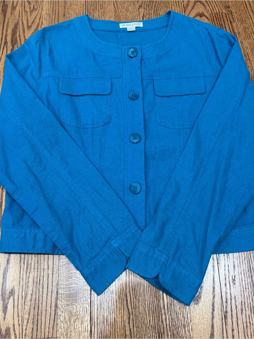 Pendleton Women’s Size L Linen Blend Teal Blue Big Button Knit Cardigan